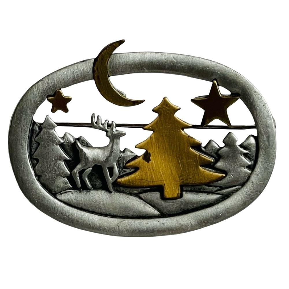 Vintage Signed JJ Pewter Winter Scene Brooch